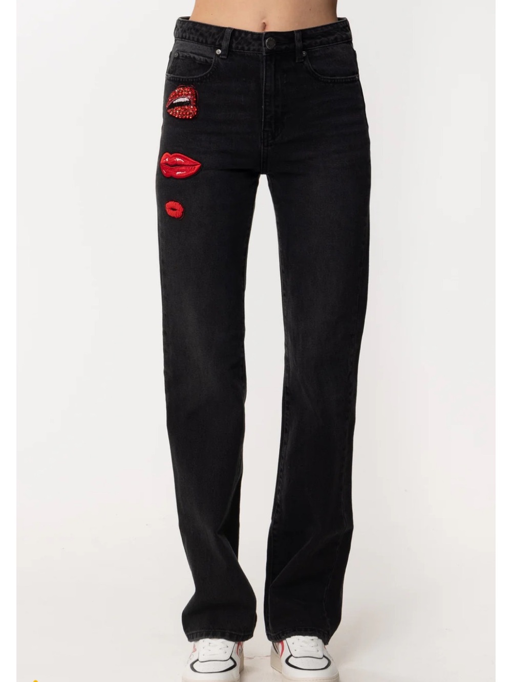 Pinko High-Rise Black Jeans with Red Lip Appliqués